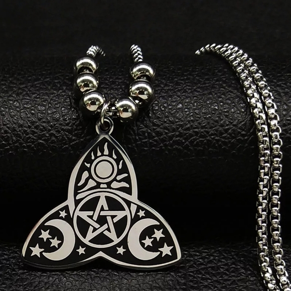 Moon Goddess Boutique Jewelry - Triple Goddess Pentacle Moon Stars Sun Necklace